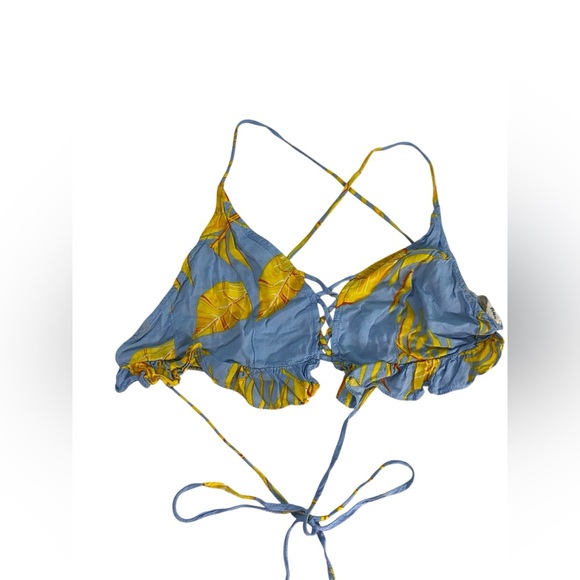 molly green Tops - Molly Green Blue Yellow Tropical Floral Ruffle Triangle Top 100% Rayon Women's M